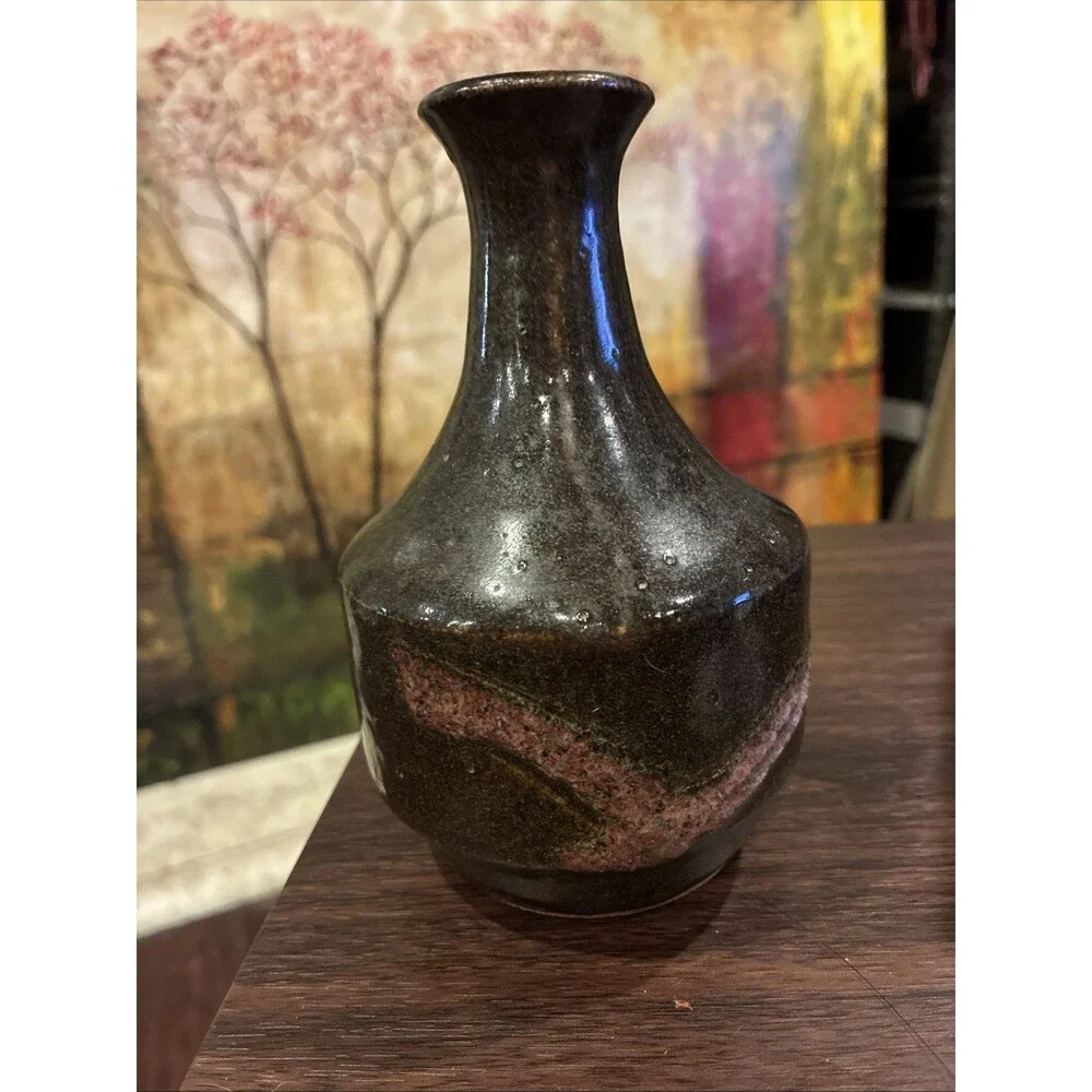 Vintage Signed Studio Pottery 1991 Tenmoku Stoneware Tokkuri Vase